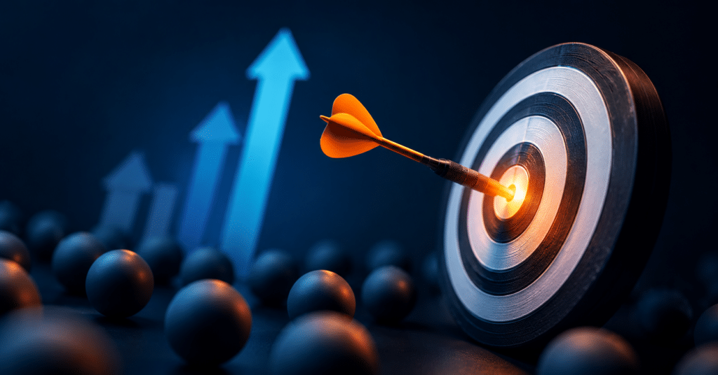 Abstract 3D target with arrow hitting the bullseye beside upward growth arrows, representing performance-driven digital marketing and strategic business growth.
