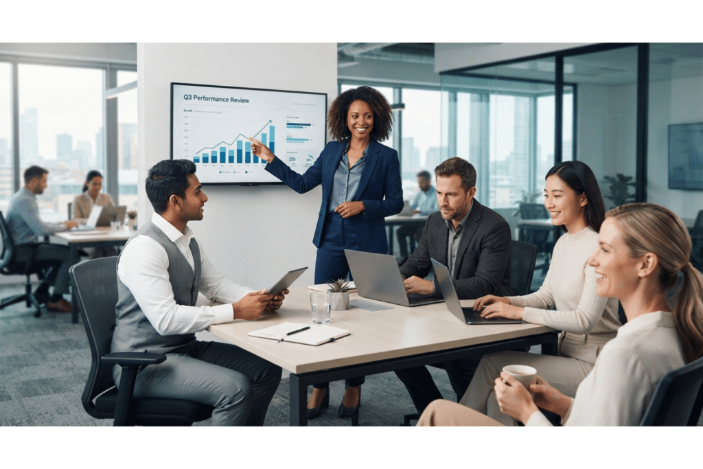 A diverse team of professional corporate colleagues collaborating around a conference table in a modern, bright office space while looking at performance growth charts on a digital display.